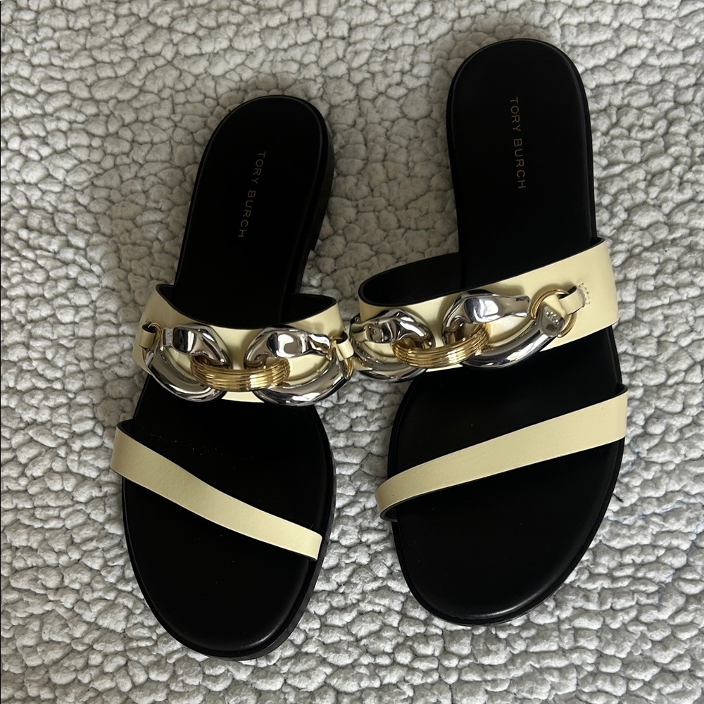 Tory Burch Black and Cream Sandals with Gold Chain